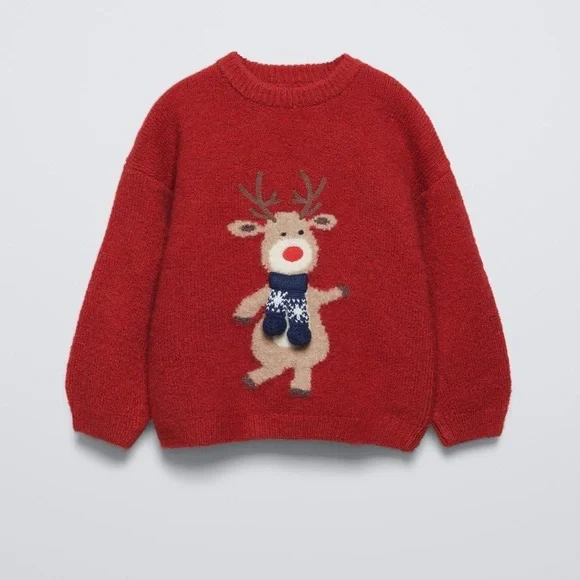 Zara Kids reindeer wool sweater crewneck 3D intarsia toddler girl boy Christmas - Picture 6 of 8